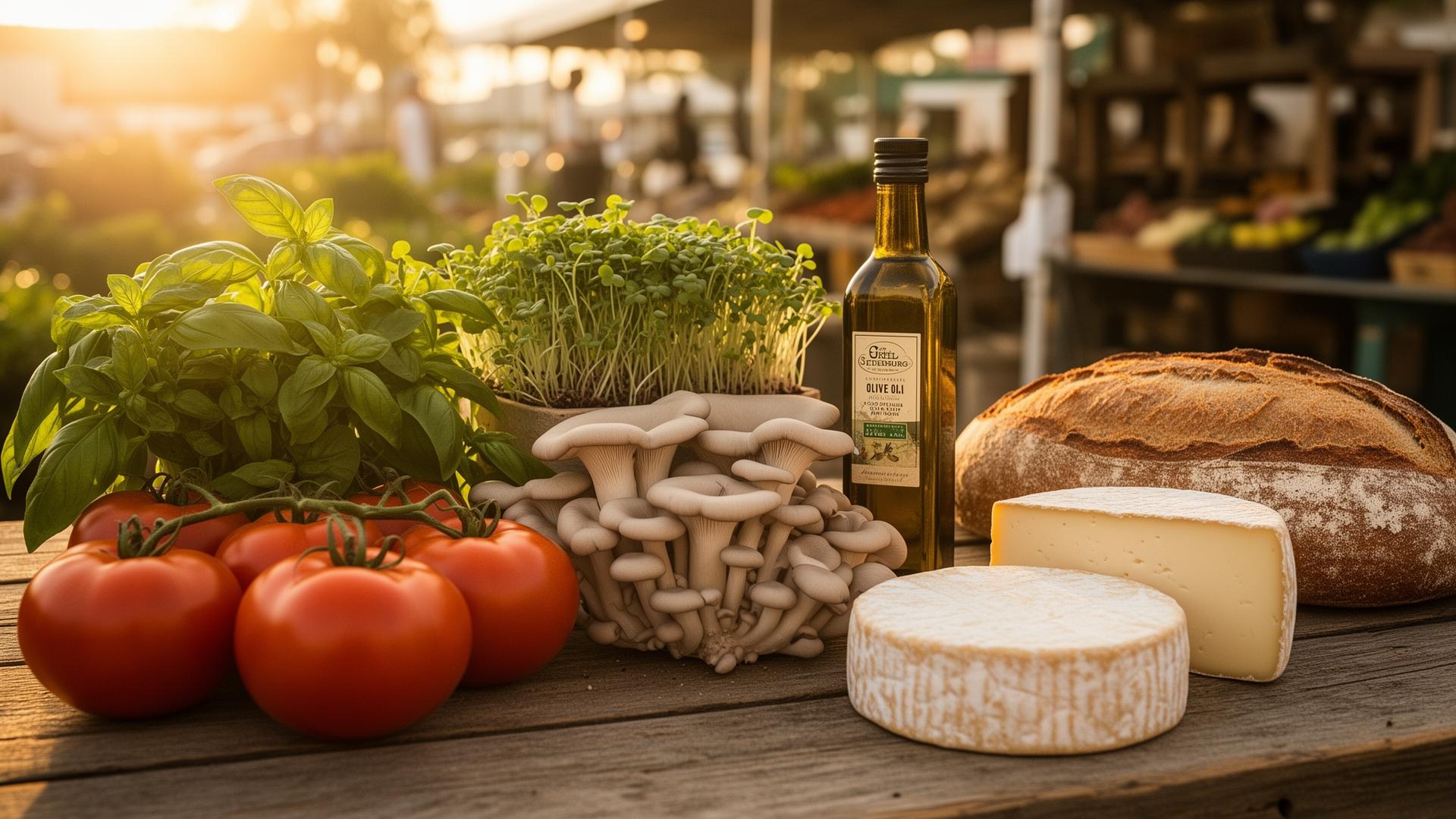 A wooden market table laden with heirloom tomatoes, basil, oyster mushrooms, microgreens, sourdough, olive oil, and artisanal cheese at golden hour.